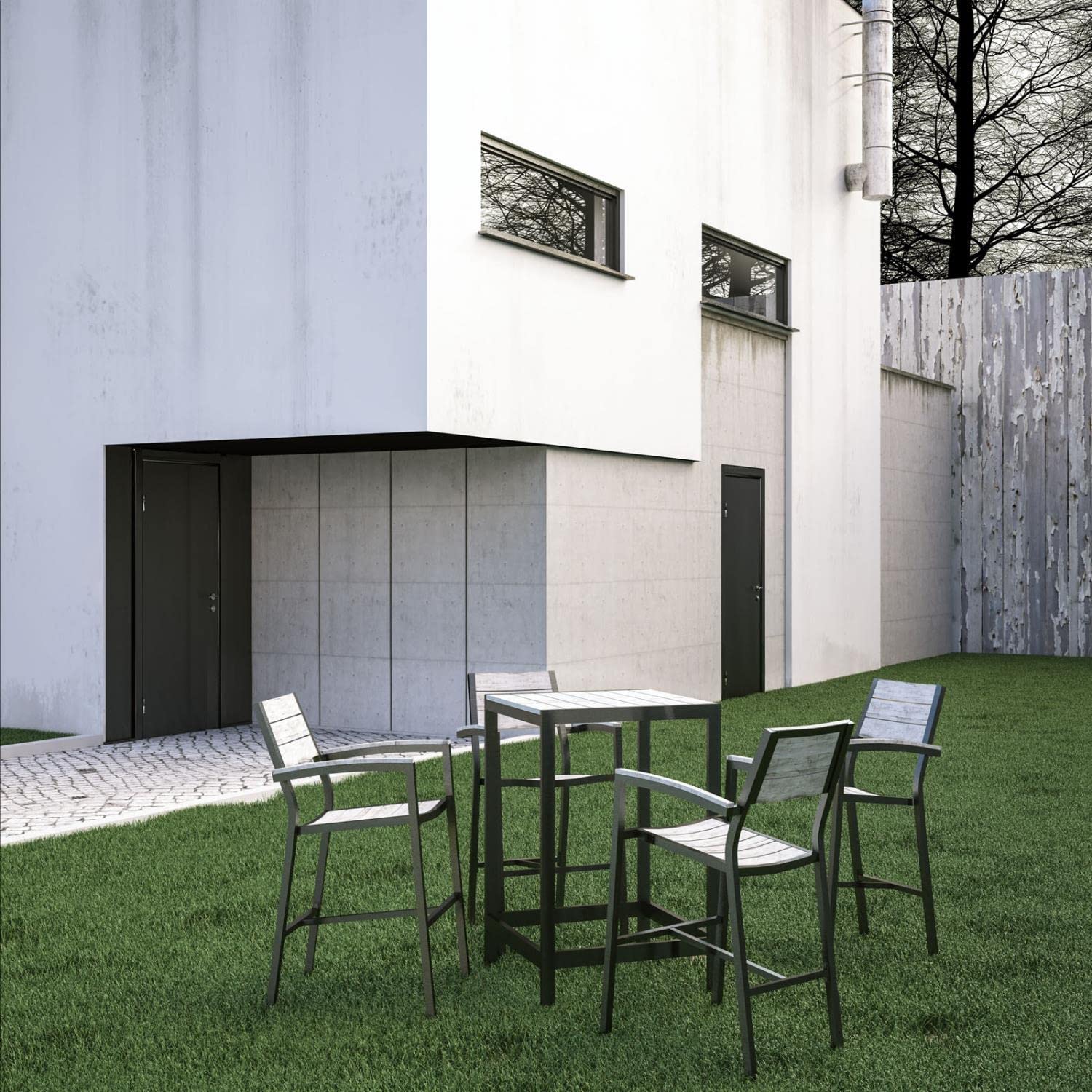 Dining Table | Maine Outdoor Patio Bar Furniture Collection | Modern Design | Synthetic Wood Grain Plank Boards | Aluminum Frame | Ideal for Contemporary Outdoor Dining | Includes 4 Bar Stools & 1 Bar Table | casafoyer.myshopify.com