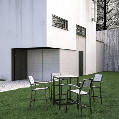 Dining Table | Maine Outdoor Patio Bar Furniture Collection | Modern Design | Synthetic Wood Grain Plank Boards | Aluminum Frame | Ideal for Contemporary Outdoor Dining | Includes 4 Bar Stools & 1 Bar Table | casafoyer.myshopify.com