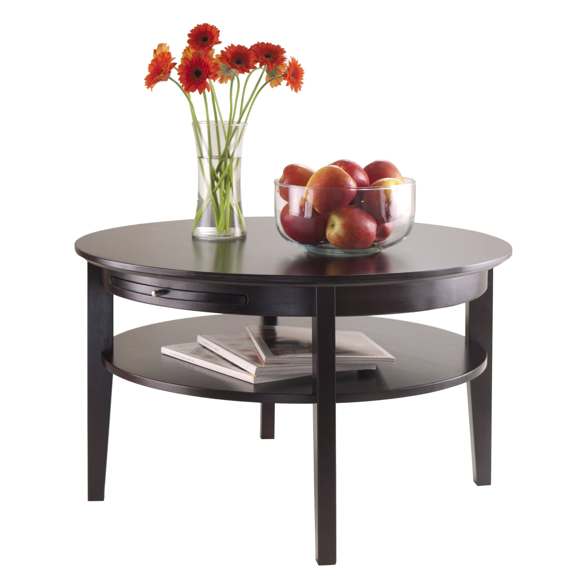TABLE | CasaFoyer Amelia Occasional Table Collection | Round Coffee Table & End Table Set | Pull-out Tray, Storage Shelf | Dark Espresso Finish | Solid & Composite Wood | Assembly Required | 29.9W x 29.9D x 18H | casafoyer.myshopify.com