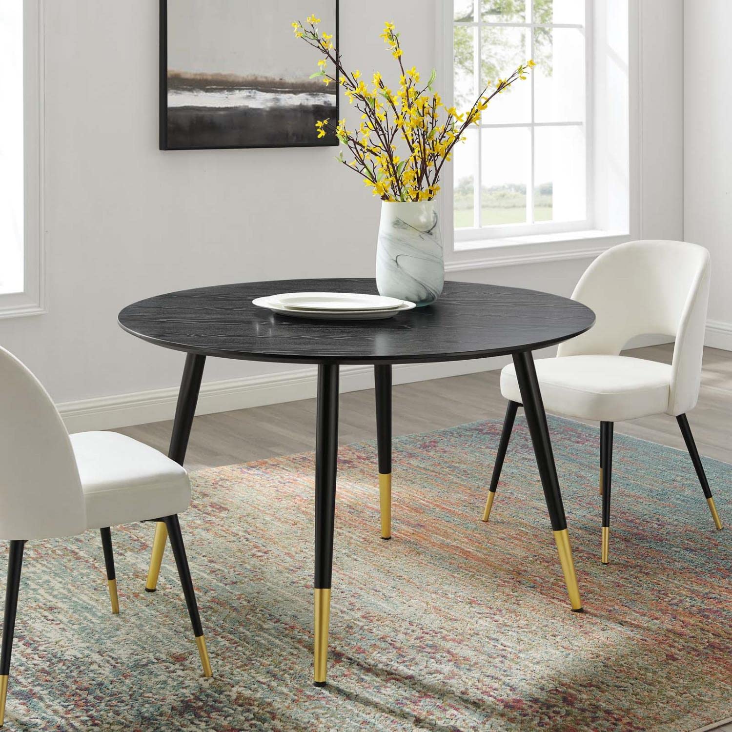 patio dining tables | CasaFoyer Vigor Round Dining Table | Contemporary Elegance | Gold Accents | MDF Tabletop | Matte Black Lacquer | Adjustable Foot Caps | casafoyer.myshopify.com