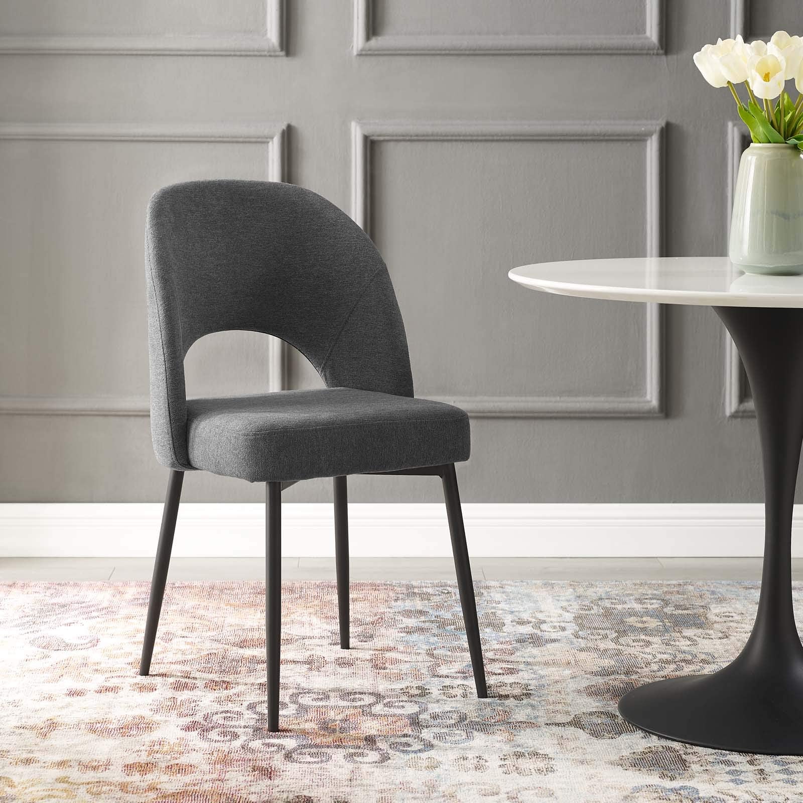 Dining Table | Rouse Upholstered Fabric Dining Side Chair | Elegant & Cozy | Plush Foam Padding | Soft Fabric Upholstery | Sturdy Bentwood Construction | Matte Black Stainless Steel Legs | Mid-Century Design | 331 lbs Capacity | Set of 1 | casafoyer.myshopify.com
