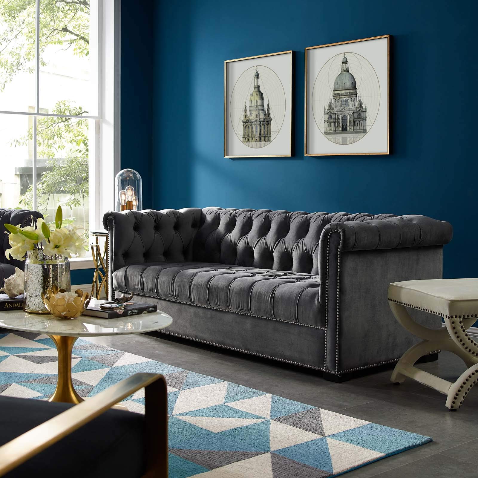 sofas | CasaFoyer Heritage Performance Velvet Sofa | Modern Chesterfield Design | Rolled Armrests | Button Tufting | Nailhead Trim | Stain-Resistant Upholstery | Black Birch Wood Legs | Plush Foam Padding | 1322 lbs Capacity | casafoyer.myshopify.com