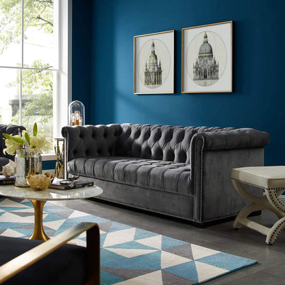 sofas | CasaFoyer Heritage Performance Velvet Sofa | Modern Chesterfield Design | Rolled Armrests | Button Tufting | Nailhead Trim | Stain-Resistant Upholstery | Black Birch Wood Legs | Plush Foam Padding | 1322 lbs Capacity | casafoyer.myshopify.com