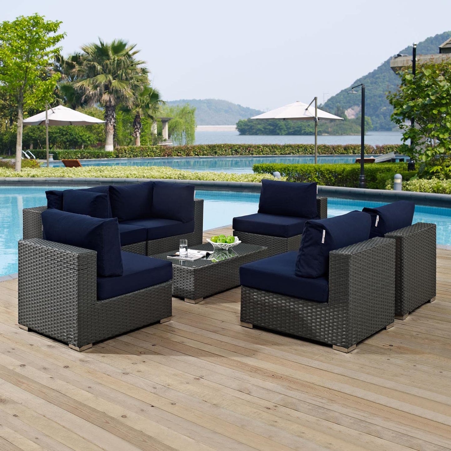 kitchen and dining room sets | CasaFoyer Sojourn Outdoor Patio Furniture Set | 7 Piece Sunbrella Sectional with Armless Chairs, Coffee Table, Corners | casafoyer.myshopify.com