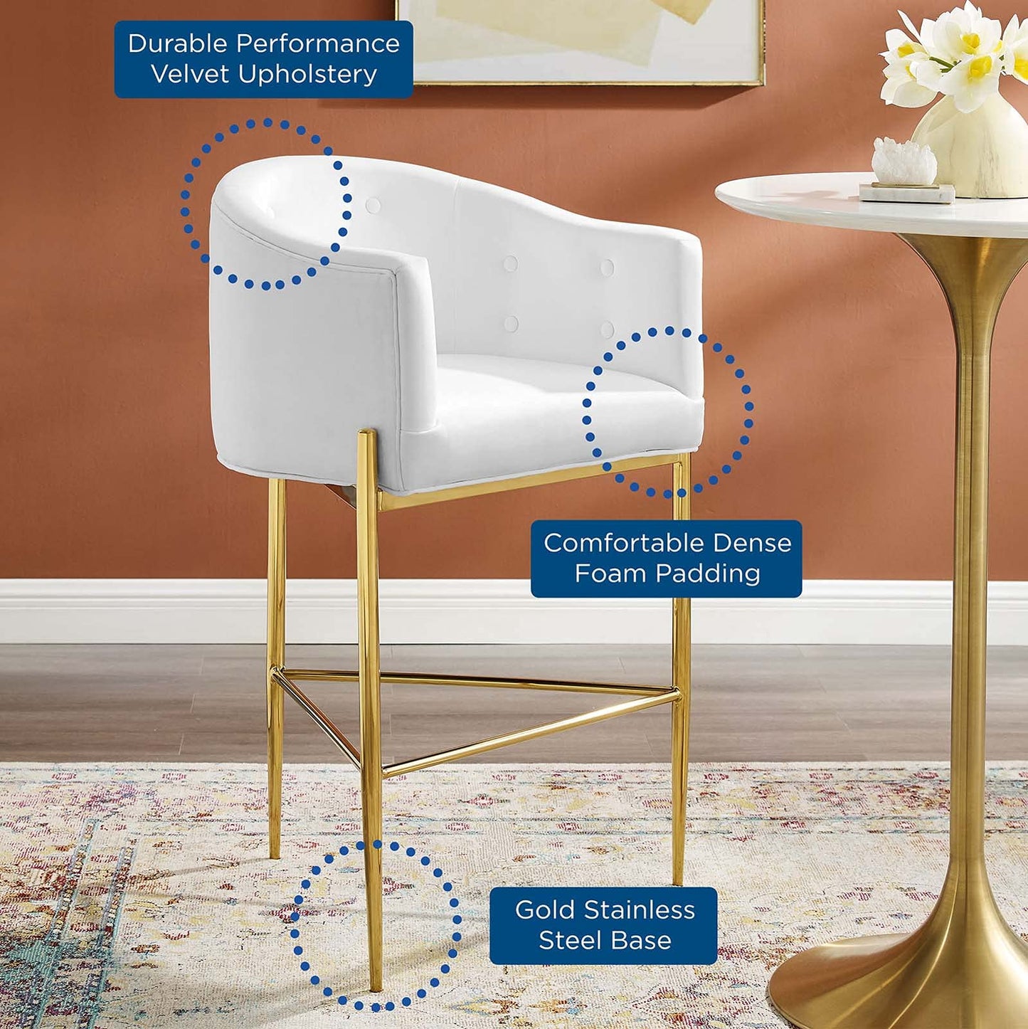 barstools | CasaFoyer Savour Tufted Performance Velvet Bar Stool | Elegant, Stain-Resistant | Comfortable Seating | Chrome Gold Frame | 300 lbs Capacity | White | casafoyer.myshopify.com