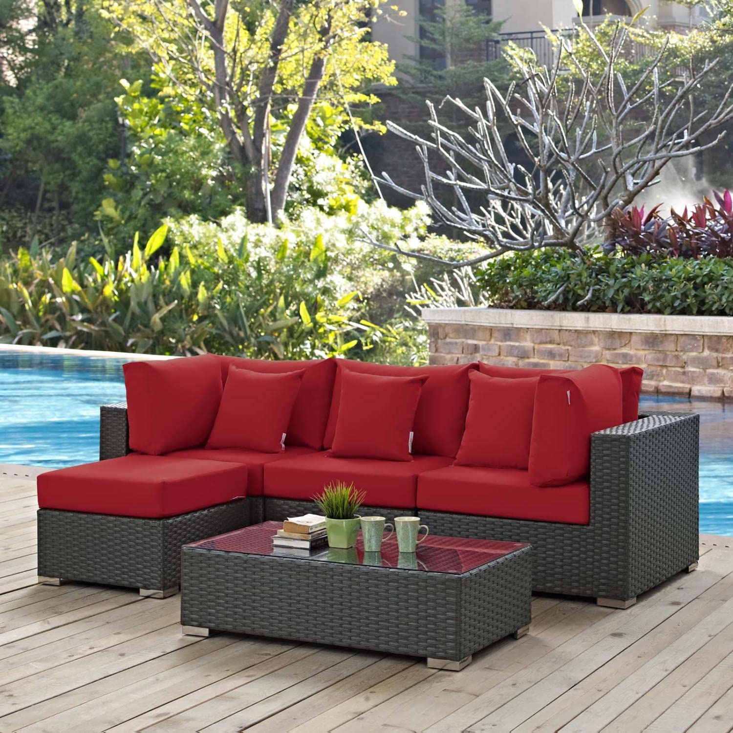 kitchen and dining room sets | CasaFoyer Sojourn Outdoor Patio Furniture Set | Sunbrella Cushions | Rattan Weave | UV Protection | Aluminum Frame | Includes Armless Chair, Coffee Table, Ottoman, Corners | casafoyer.myshopify.com