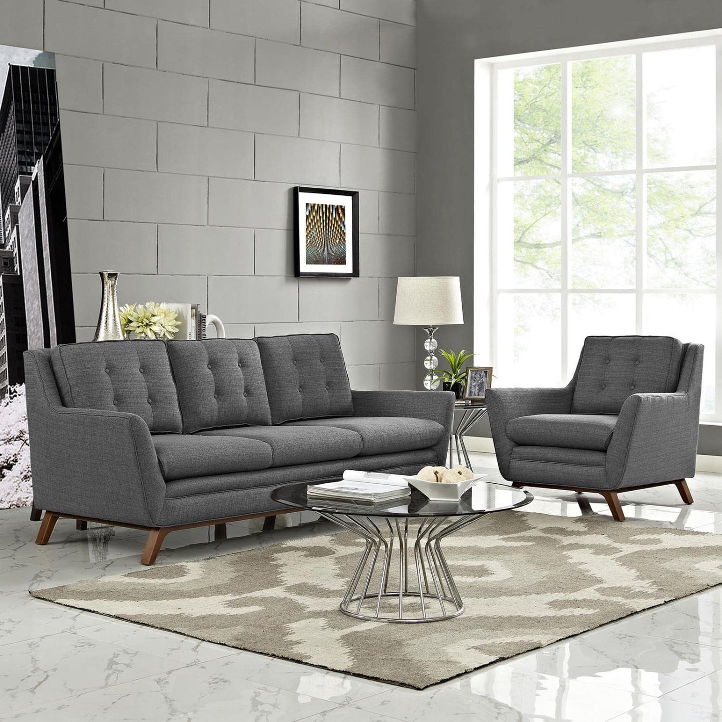 sofas | CasaFoyer Beguile Collection | Mid-Century Charm meets Modern Sophistication | Fabric Armchair & Sofa | Elegant Walnut-Stained Base | Plush & Tufted | Gray | casafoyer.myshopify.com