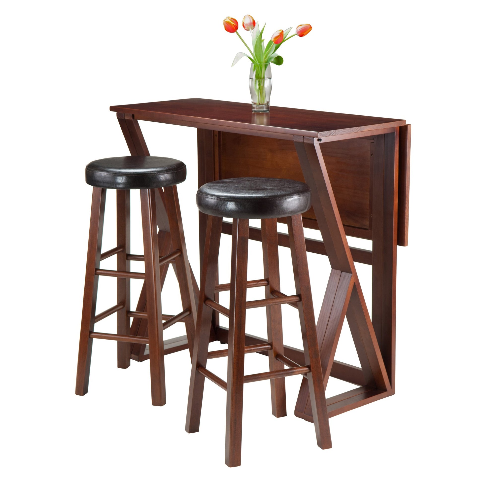 childrens table and chair sets | CasaFoyer Harrington Drop Leaf High Table Set | Solid Wood | Walnut Finish | 39.37W x 31.5D x 36.22H | Includes 2 Stools | Fully Assembled | casafoyer.myshopify.com