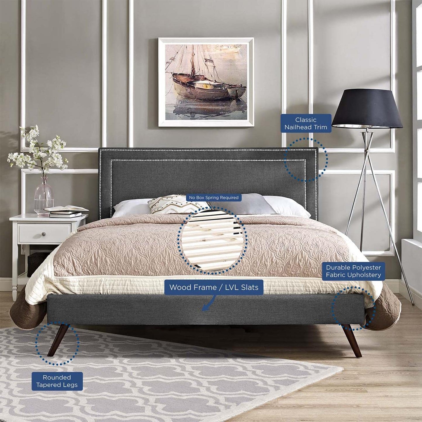 Bed | CasaFoyer Virginia Platform Bed | Solid Wood Frame | Polyester Upholstery | Tapered Legs | Gray | No Box Spring Needed | Compatible with Memory Foam Mattresses | Queen Size | casafoyer.myshopify.com