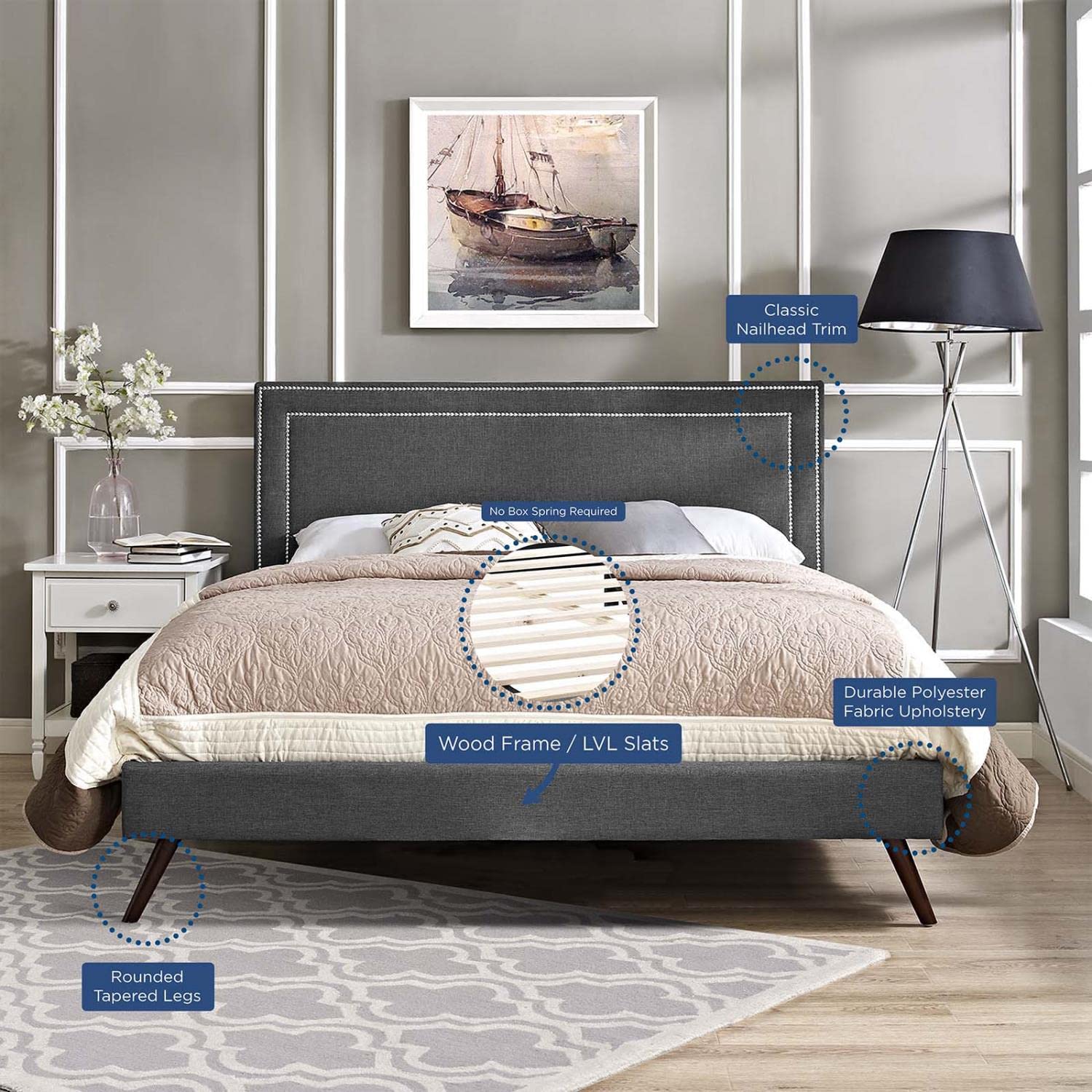 Bed | CasaFoyer Virginia Platform Bed | Solid Wood Frame | Polyester Upholstery | Tapered Legs | Gray | No Box Spring Needed | Compatible with Memory Foam Mattresses | Queen Size | casafoyer.myshopify.com