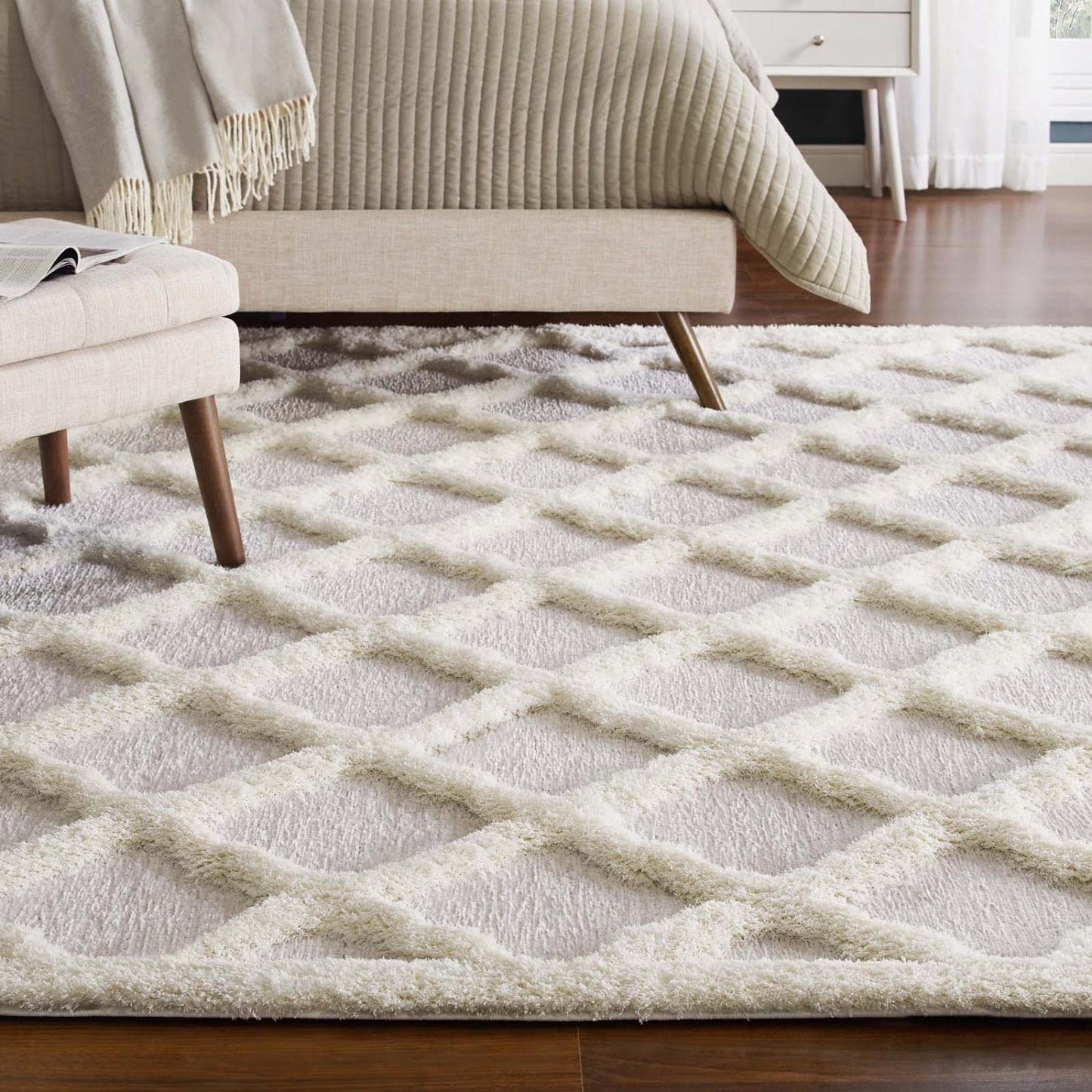 area rugs | CasaFoyer Regale Abstract Moroccan Trellis 5x8 Shag Area Rug | Elegant Ivory & Light Gray | Luxurious Polyester & Chenille Blend | Durable & Family-Friendly | Lively Lattice Motif | Soft & Inviting | Easy to Maintain | casafoyer.myshopify.com