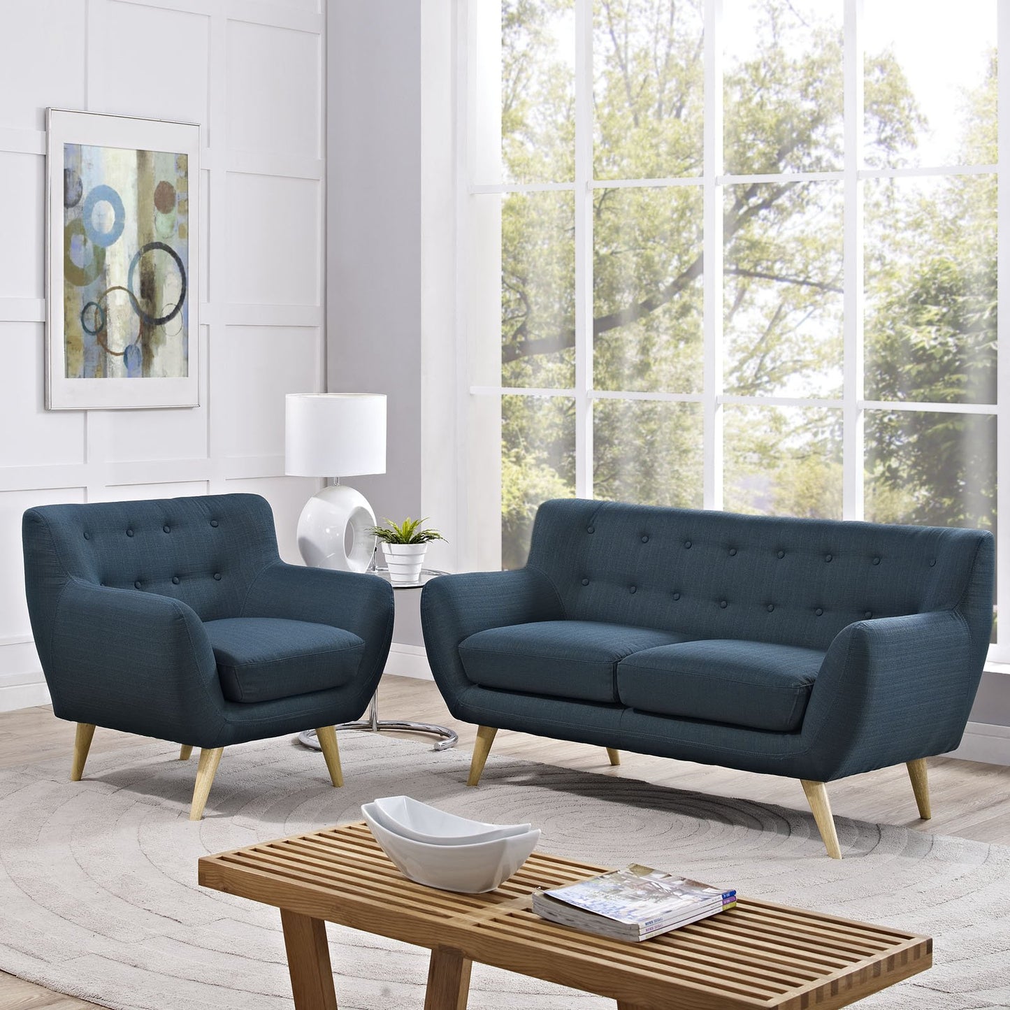 kitchen and dining room sets | CasaFoyer Remark Living Room Set | Plush Dual Cushion Design | Mid-Century Aesthetics | Natural Wood Legs | Polyester Upholstery with Stitched Buttons | Armchair & Loveseat | Azure Color | casafoyer.myshopify.com