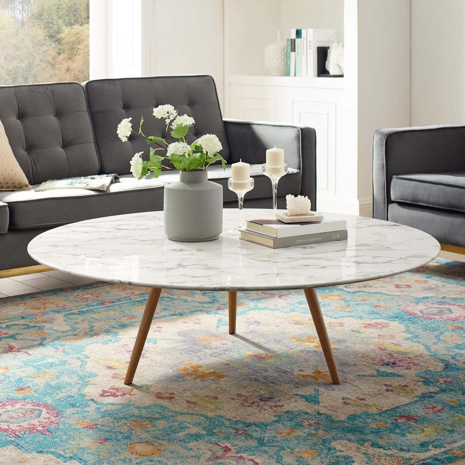 coffee tables | Ergode Lippa 47 Round Walnut Veneer Coffee Table | Timeless Design | Scratch-Resistant Finish | Tripod Base | Ideal for Living Room or Home Office | casafoyer.myshopify.com