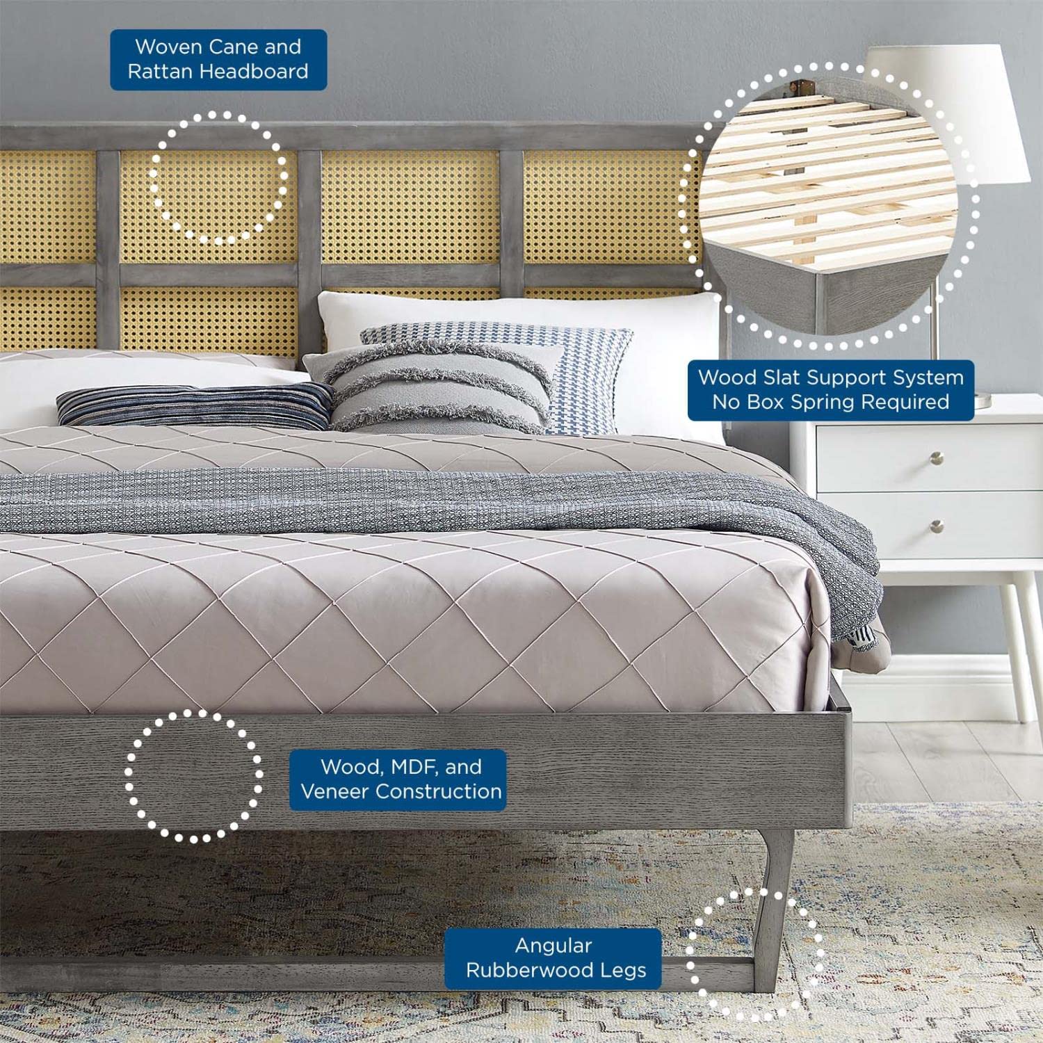 Bed | CasaFoyer Sidney Woven Cane Rattan Wood Queen Platform Bed | Retro Charm, Natural Beauty | Mid-Century Design | Durable, No Box Spring Needed | Gray | casafoyer.myshopify.com