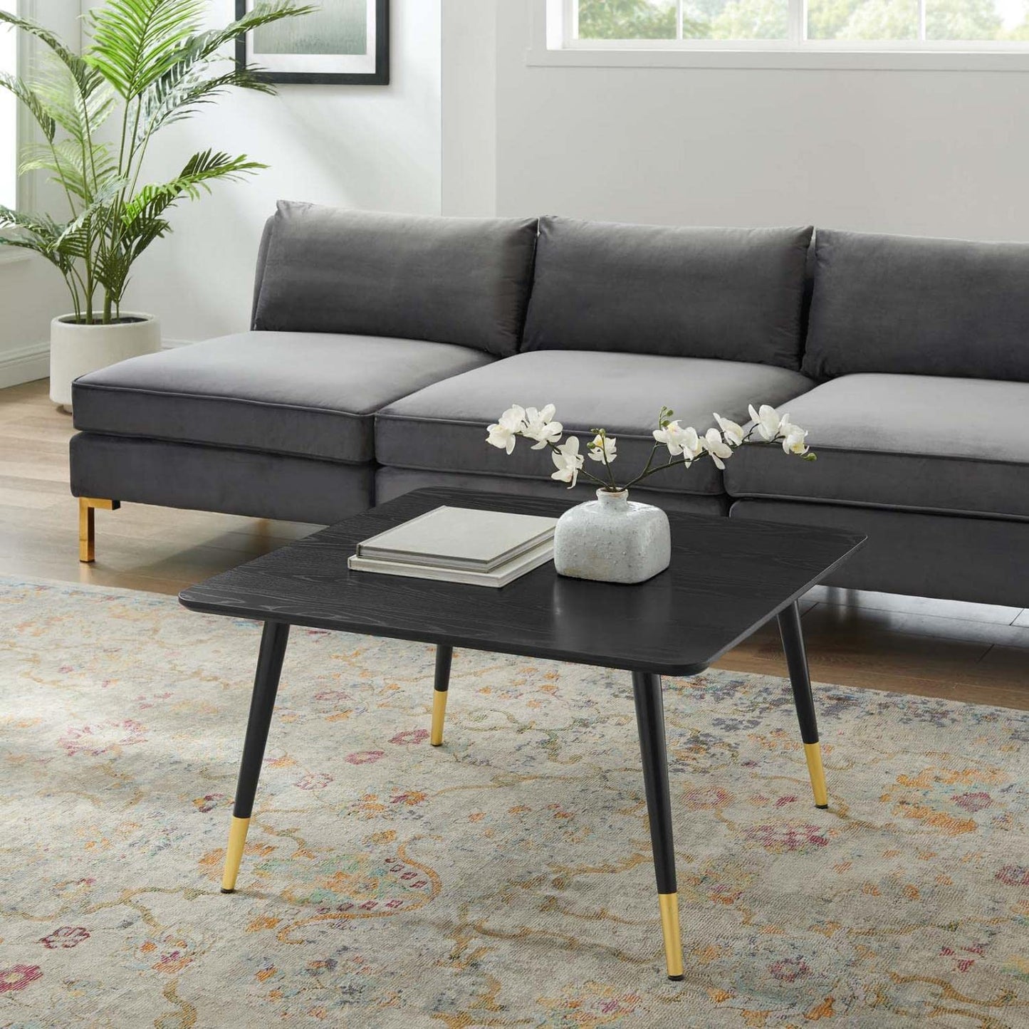 coffee tables | Ergode Vigor Square Coffee Table | Contemporary Elegance | Sleek Design | Gold Metal Sleeves | Matte Black Lacquer Finish | Adjustable Height Foot Caps | casafoyer.myshopify.com