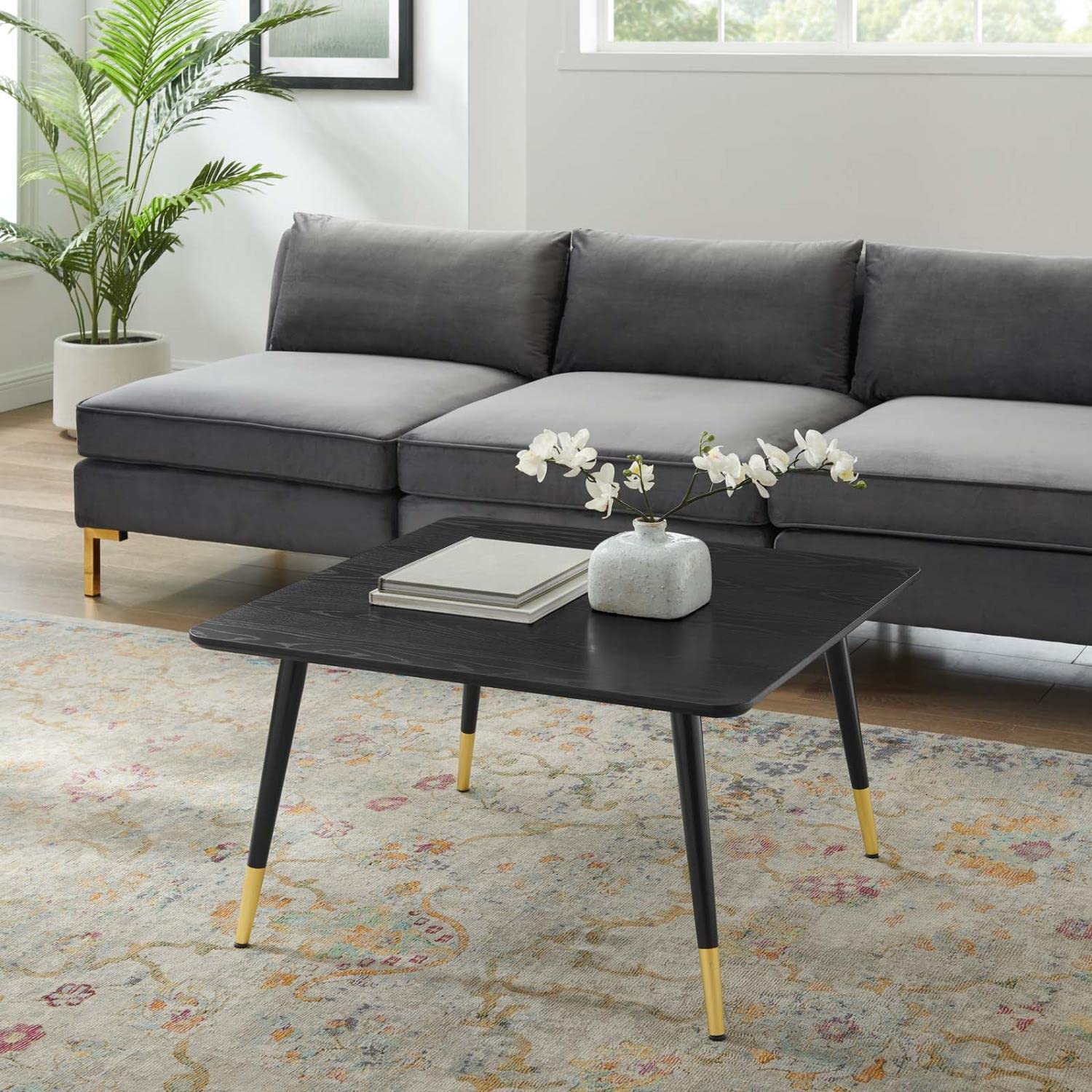 coffee tables | Ergode Vigor Square Coffee Table | Contemporary Elegance | Sleek Design | Gold Metal Sleeves | Matte Black Lacquer Finish | Adjustable Height Foot Caps | casafoyer.myshopify.com