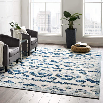 area rugs | CasaFoyer Reflect Takara Distressed Contemporary Abstract Diamond Moroccan Trellis Indoor/Outdoor Area Rug | 8x10 | Ivory/Blue | casafoyer.myshopify.com