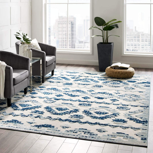 area rugs | CasaFoyer Reflect Takara Distressed Contemporary Abstract Diamond Moroccan Trellis Indoor/Outdoor Area Rug | 8x10 | Ivory/Blue | casafoyer.myshopify.com