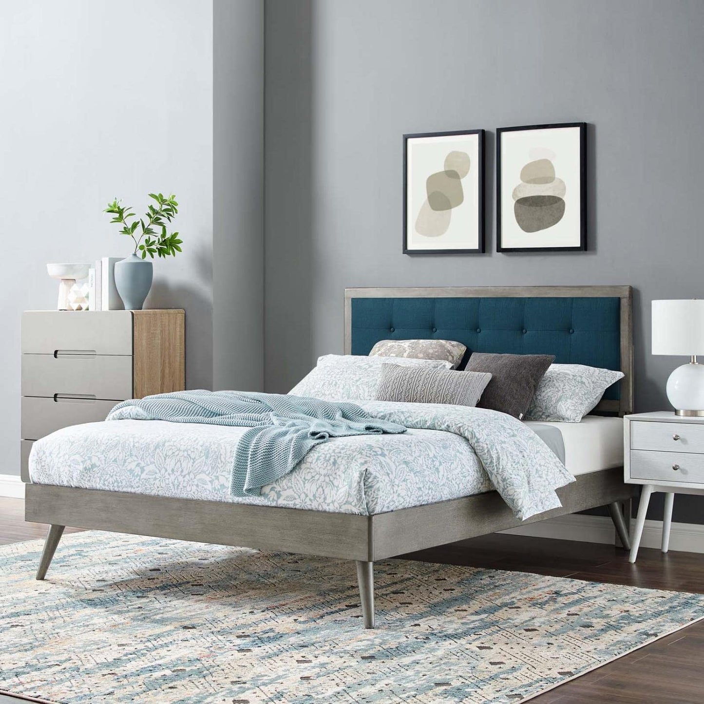 adjustable bed bases | CasaFoyer Willow Tufted Wood Queen Platform Bed | Mid-Century Design | Upholstered Headboard | Wood Frame | Button Tufted | Gray Azure | casafoyer.myshopify.com