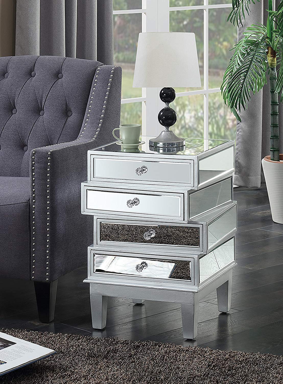 TABLE | Gold Coast J Daniels 4 Drawer End Table | Ample Storage | Mirrored Glass Panels | Faux Crystal Rosette Knobs | Classy Contemporary Look | Ergode | casafoyer.myshopify.com