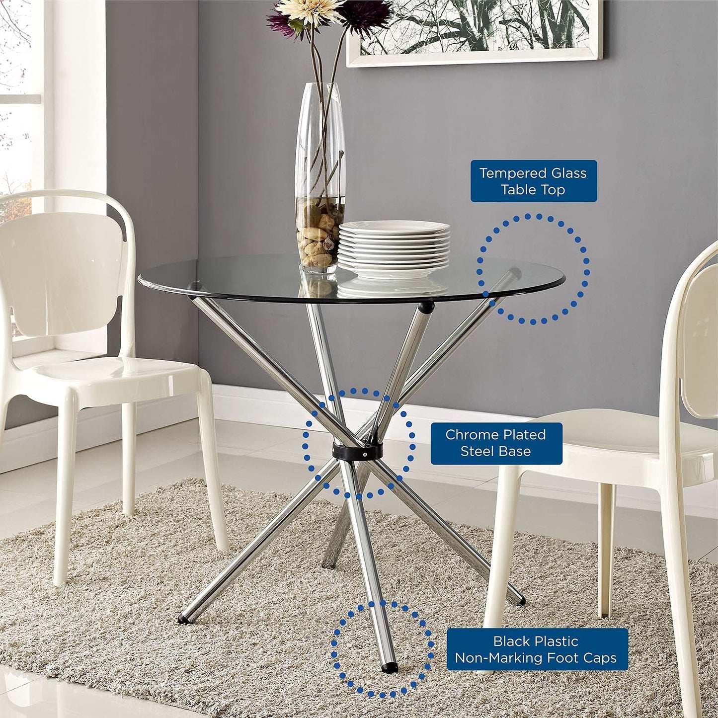 Dining Table | Modern Baton Dining Table | Tempered Glass Top | Unique Baton Base | Chrome Plated Tubular Base | Scratch-Resistant | Contemporary Makeover | casafoyer.myshopify.com