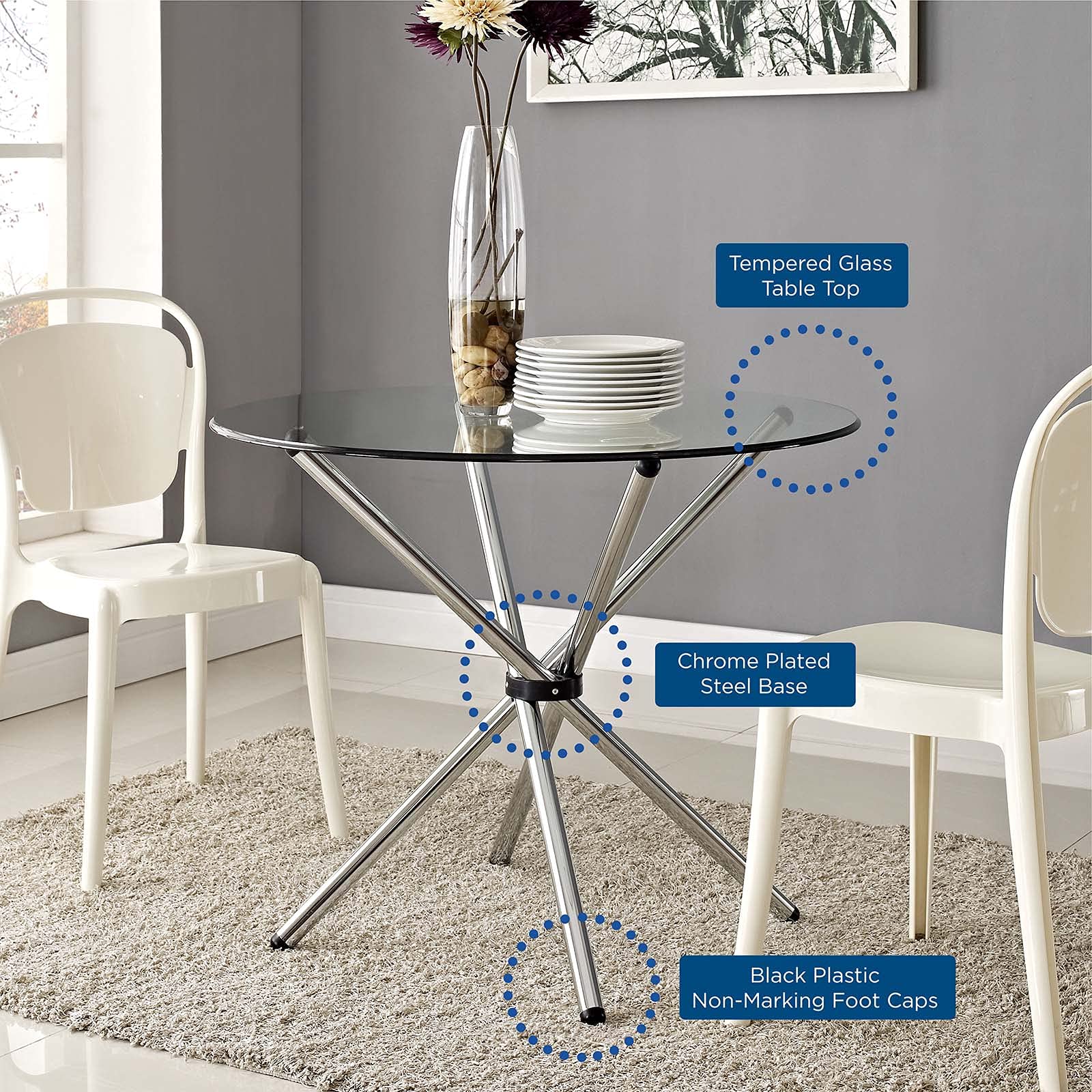 Dining Table | Modern Baton Dining Table | Tempered Glass Top | Unique Baton Base | Chrome Plated Tubular Base | Scratch-Resistant | Contemporary Makeover | casafoyer.myshopify.com