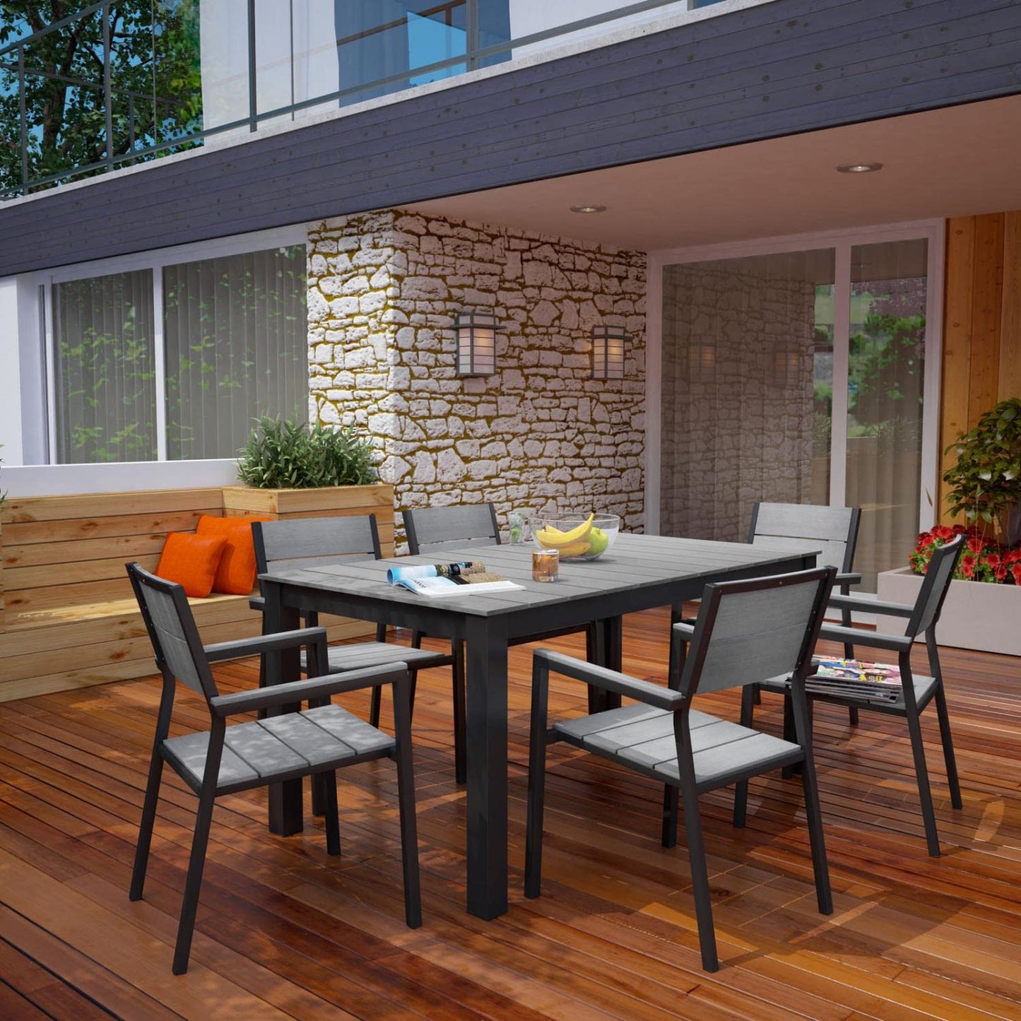 Patio Furniture Sets | Maine Outdoor Patio Dining Furniture Collection | Synthetic Wood Grain Plank Boards | Aluminum Frame | Contemporary Modern Design | 7 Piece Set | casafoyer.myshopify.com
