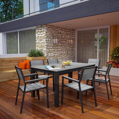 Patio Furniture Sets | Maine Outdoor Patio Dining Furniture Collection | Synthetic Wood Grain Plank Boards | Aluminum Frame | Contemporary Modern Design | 7 Piece Set | casafoyer.myshopify.com