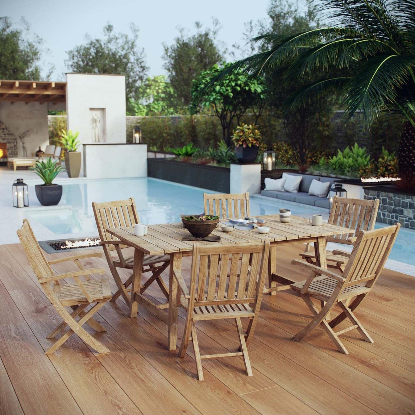 kitchen and dining room sets | CasaFoyer Premium Teak Wood Outdoor Set | Marina Collection | 7 Piece Patio Dining Set | Dorset Table & 6 Marina Folding Chairs | All-Weather Cushions | Sturdy & Timeless Design | Assembly Required | casafoyer.myshopify.com