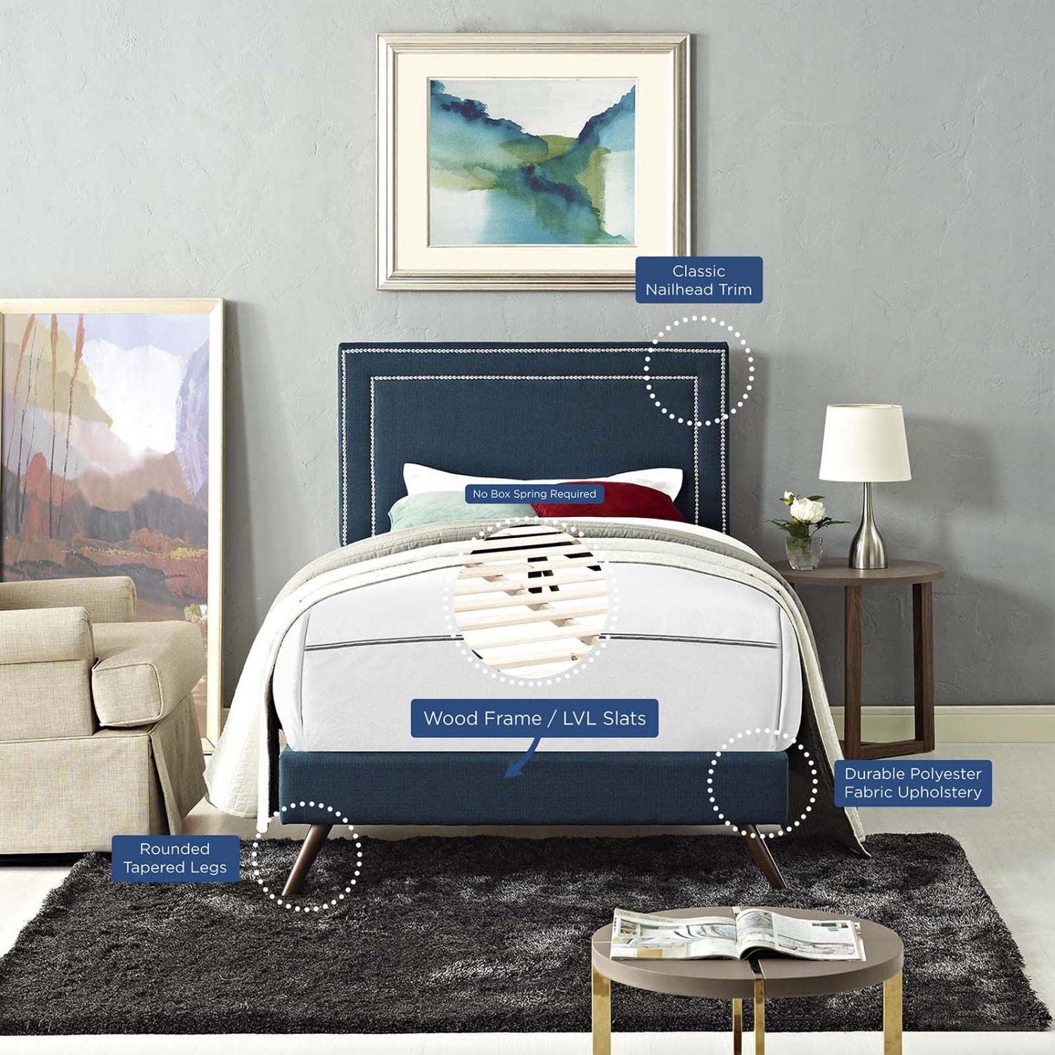 Bed | CasaFoyer Virginia Platform Bed | Solid Wood Frame | Polyester Upholstery | Tapered Legs | No Box Spring Needed | Compatible with Memory Foam Mattresses | Perfect for Mid-Century Modern and Contemporary Bedrooms | Assembly Required (Mattress Not Included) | casafoyer.myshopify.com