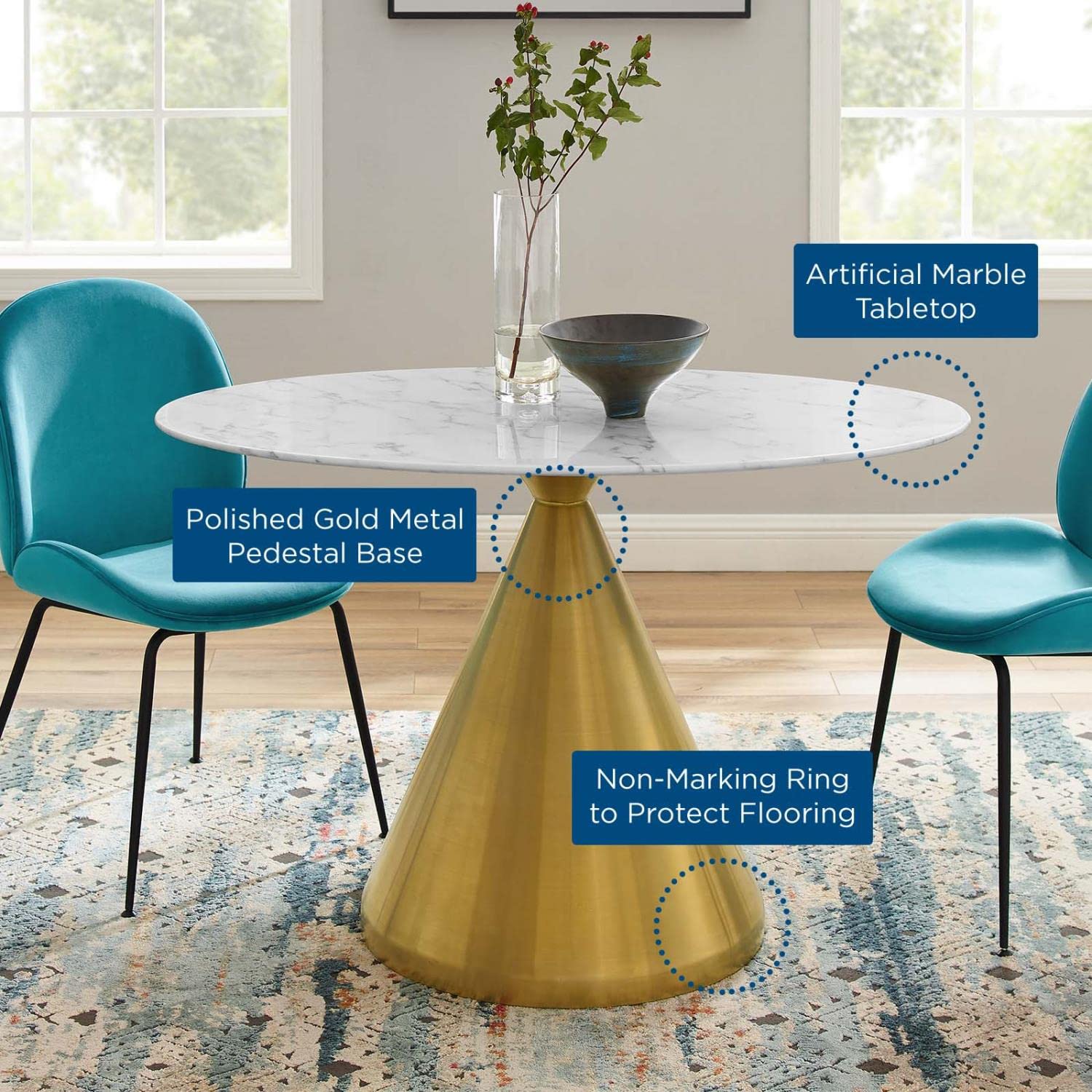 patio dining tables | CasaFoyer Tupelo 48 Dining Table | Modern Style | Mid-Century Charm | Artificial Marble Top | Gold Metal Base | Scratch-Resistant Finish | Non-Marking Ring | casafoyer.myshopify.com