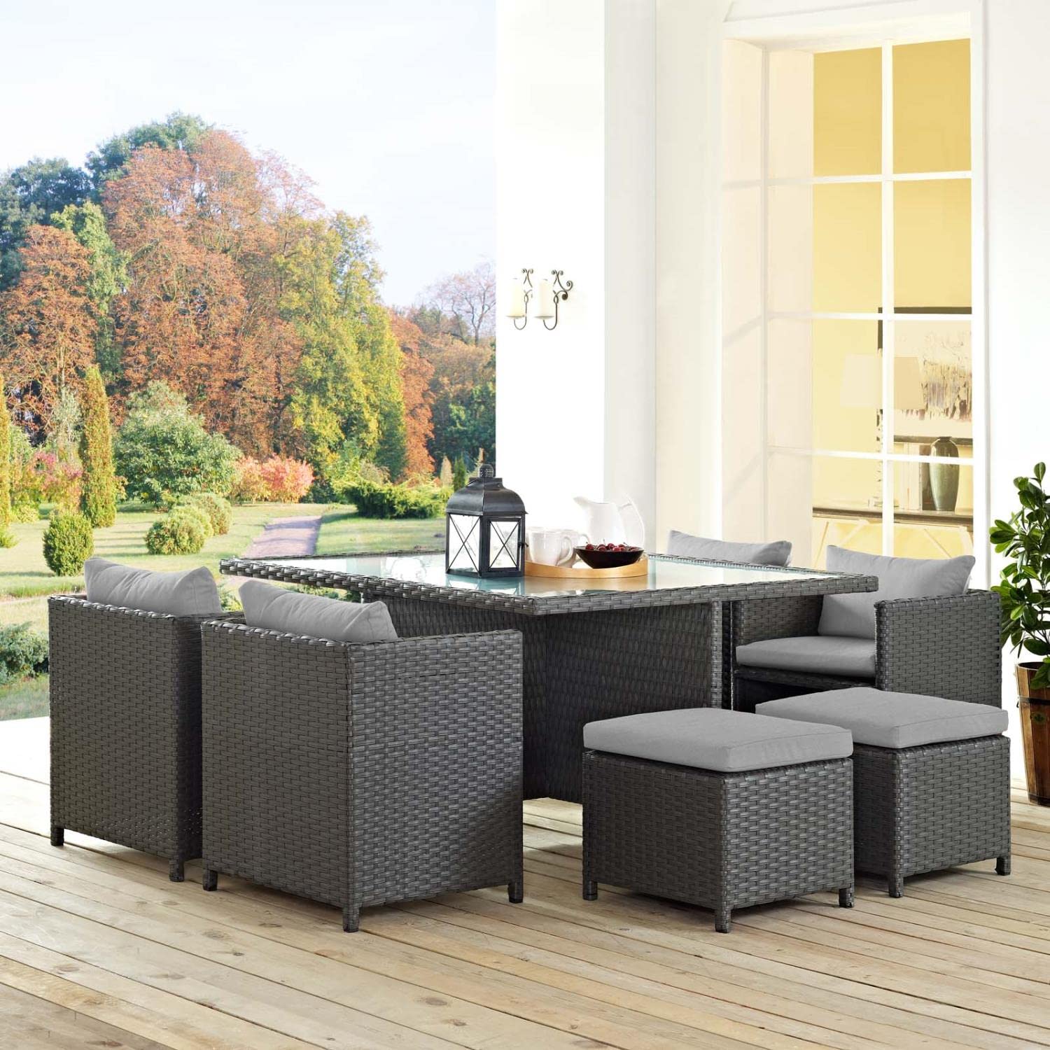 Dining Table | Sojourn Outdoor Patio Dining Furniture Set | 9 Piece Sunbrella Dining Set | Wicker Chairs, Stools, and Table | casafoyer.myshopify.com