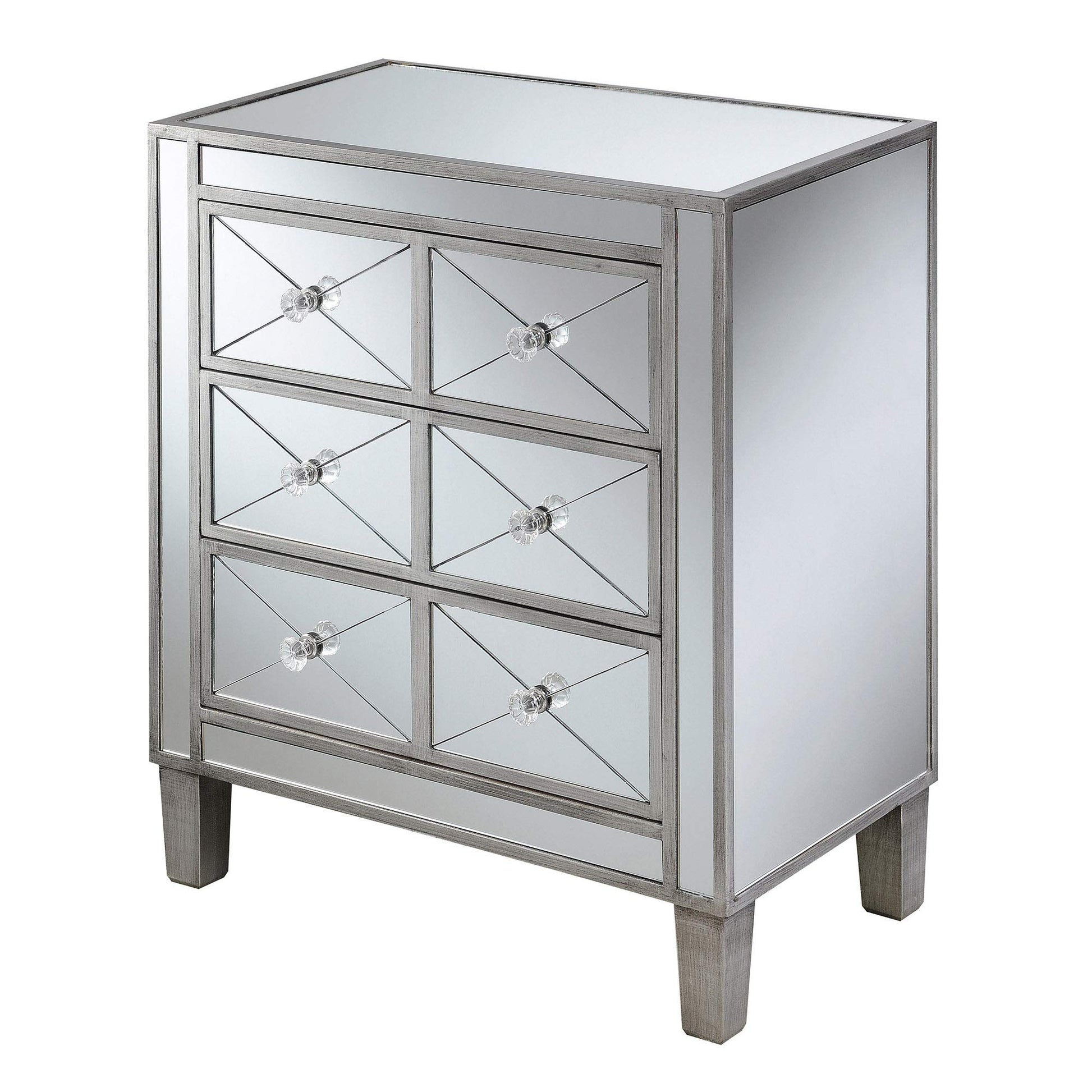 TABLE | Gold Coast BettyB Mirrored 3 Drawer End Table | Elegant Home Decor | Glamorous Style | MDF & Mirror Construction | Tapered Feet | Engraved X Detailing | Faux Crystal Rosette Knobs | Easy Assembly | Gold Coast Collection | casafoyer.myshopify.com