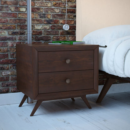 TABLE | CasaFoyer Tracy Vintage Mid-Century Nightstand | Toffee Brown Stained Finish | 2 Drawers | Antique Metal Handles | Sturdy Platform Legs | Easy Assembly & Cleaning | casafoyer.myshopify.com