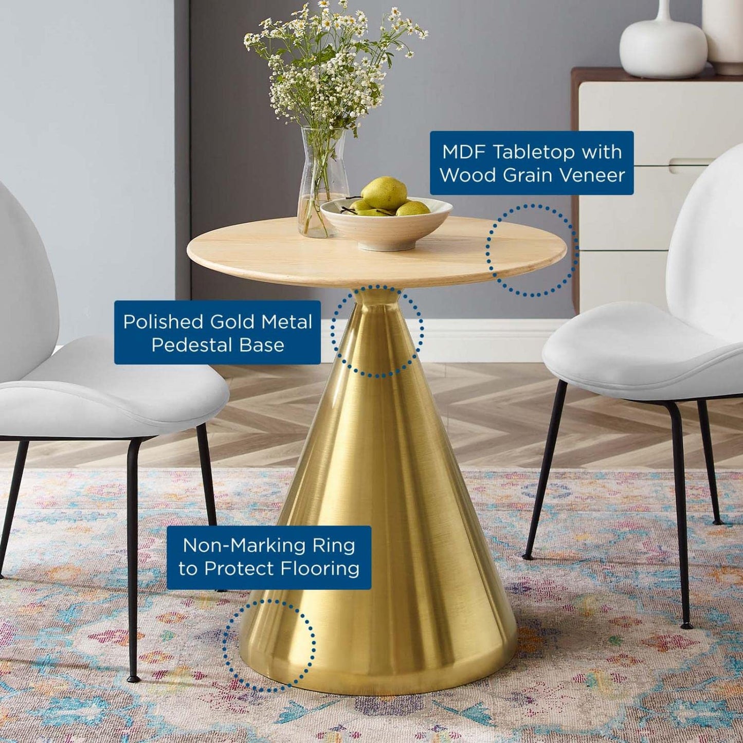 patio dining tables | CasaFoyer Tupelo 28 Dining Table | Contemporary Design | Mid-Century Flair | Organic Shape | Polished Gold Base | MDF & Wood Grain Veneer | Non-Marking Ring | casafoyer.myshopify.com
