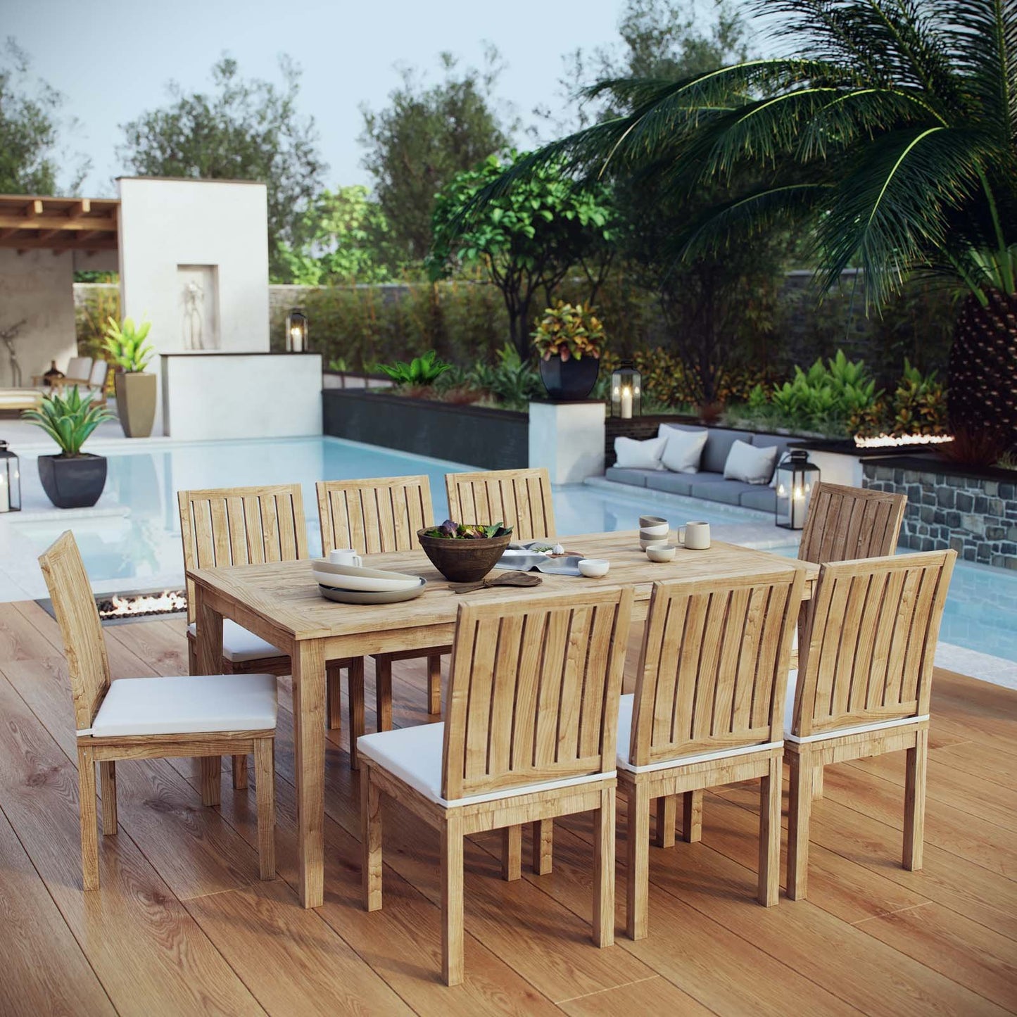kitchen and dining room sets | CasaFoyer Marina Collection Teak Wood Outdoor Set | 9 Piece Dining Set w/ 8 Side Chairs & 1 Table | All-Weather Cushions | Durable & Timeless Design | casafoyer.myshopify.com