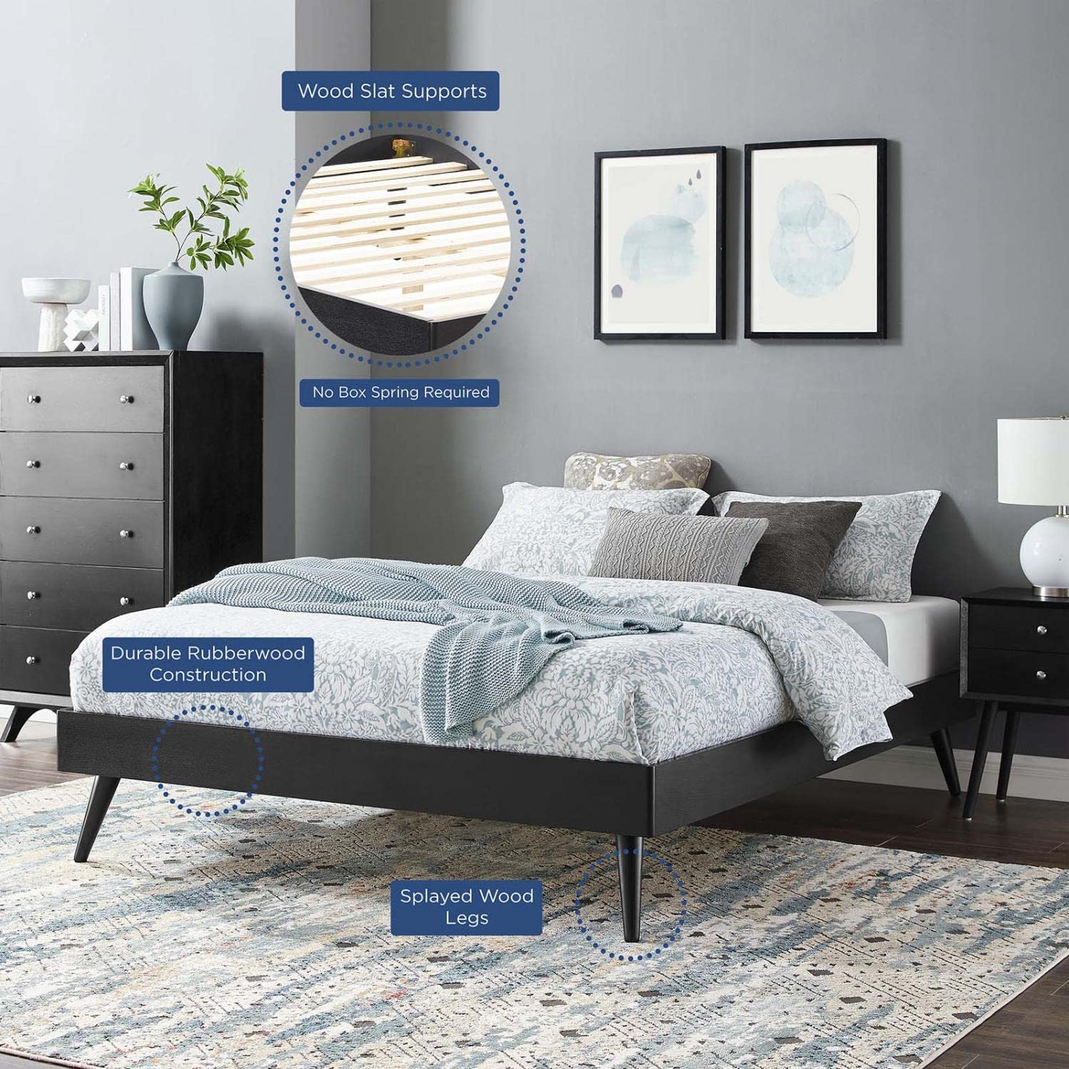 Bed | CasaFoyer Margo Full Platform Bed Frame | Mid-Century Design | Interchangeable Headboards | Durable Wood Construction | No Box Spring Needed | Easy Assembly | Black | casafoyer.myshopify.com