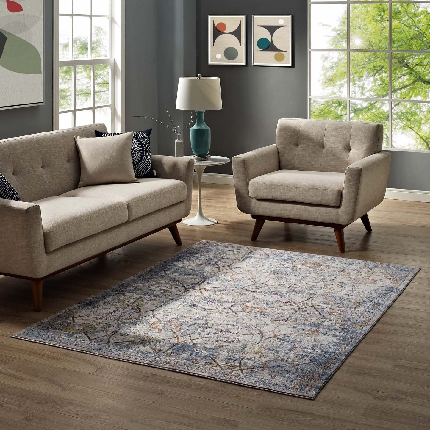 Carpet & Rugs | CasaFoyer Minu Distressed Floral Lattice Area Rug | Elegant & Durable | Machine-Woven Polypropylene | Rubber Bottom | Non-Shedding | Stain-Resistant | 4x6 | Light Blue, Yellow & Orange | casafoyer.myshopify.com