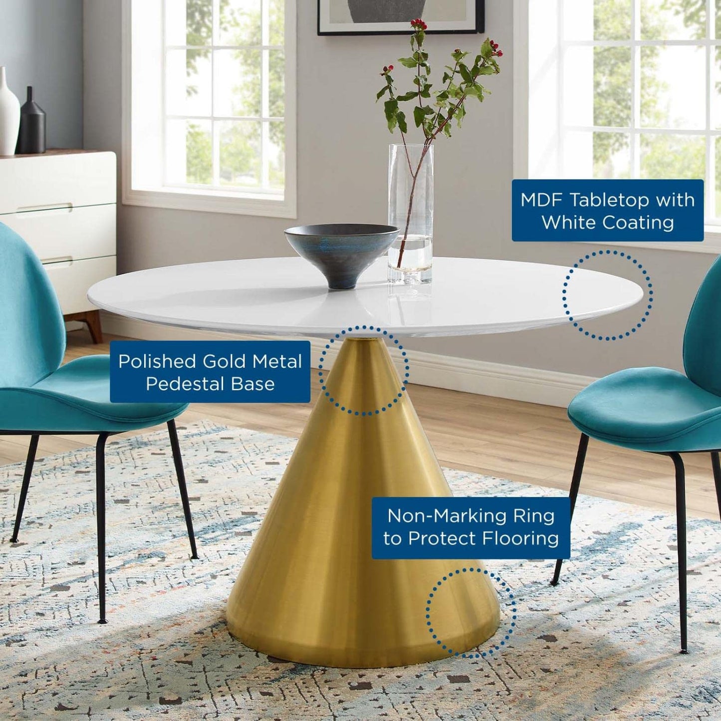 patio dining tables | CasaFoyer Tupelo 47 Dining Table | Modern Style | Mid-Century Charm | Polished Gold Base | White Finish | Non-Marking Ring | Easy Cleaning | Assembly Required | casafoyer.myshopify.com