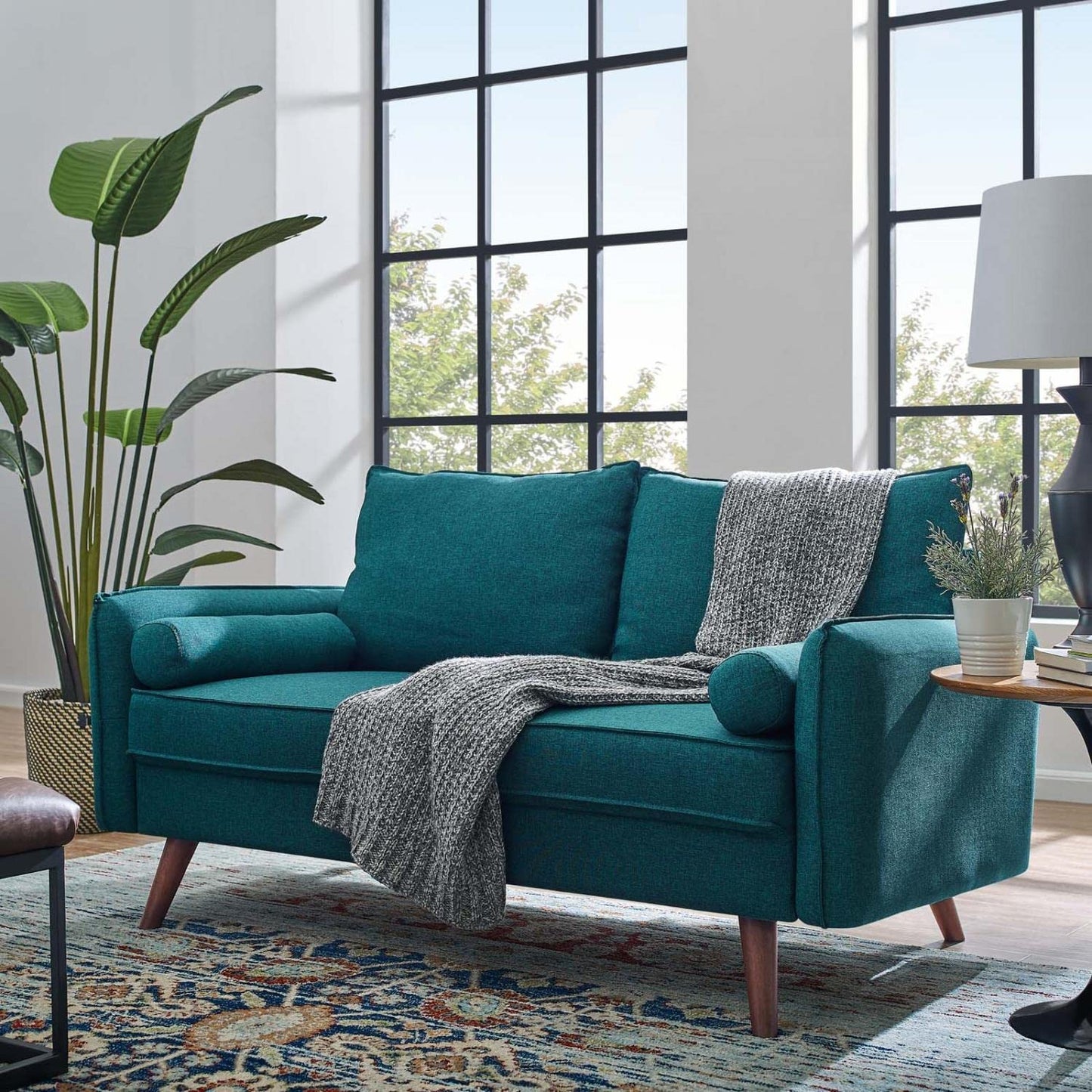 sofas | CasaFoyer Revive Loveseat | Cozy & Refined Design | Bolster Pillows | Vibrant Teal Upholstery | Trendy Splayed Wood Legs | Compact Shipping Box | Perfect for Home or Apartment | casafoyer.myshopify.com