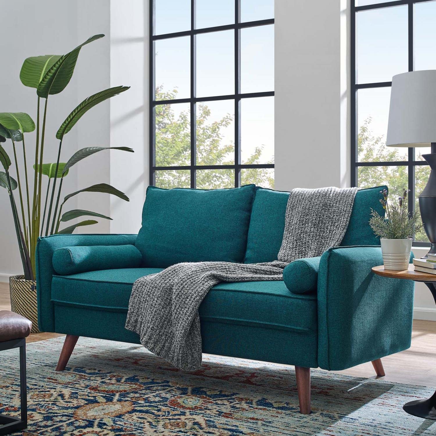 sofas | CasaFoyer Revive Loveseat | Cozy & Refined Design | Bolster Pillows | Vibrant Teal Upholstery | Trendy Splayed Wood Legs | Compact Shipping Box | Perfect for Home or Apartment | casafoyer.myshopify.com