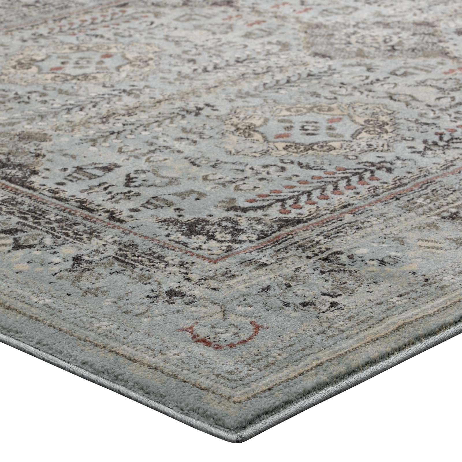 area rugs | CasaFoyer Enye Distressed Vintage Floral Lattice Area Rug | Durable | Stain-Resistant | 8x10 | Brown/Silver Blue | casafoyer.myshopify.com