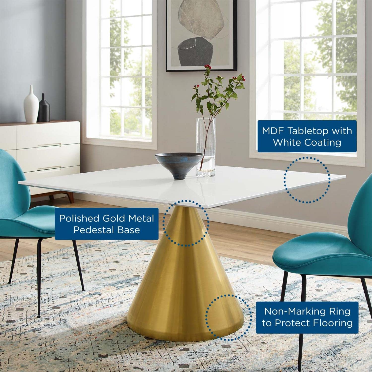 patio dining tables | CasaFoyer Tupelo 47 Dining Table | Modern Style | Mid-Century Design | Gold Metal Base | Easy to Clean | Non-Marking Ring | Assembly Required | casafoyer.myshopify.com