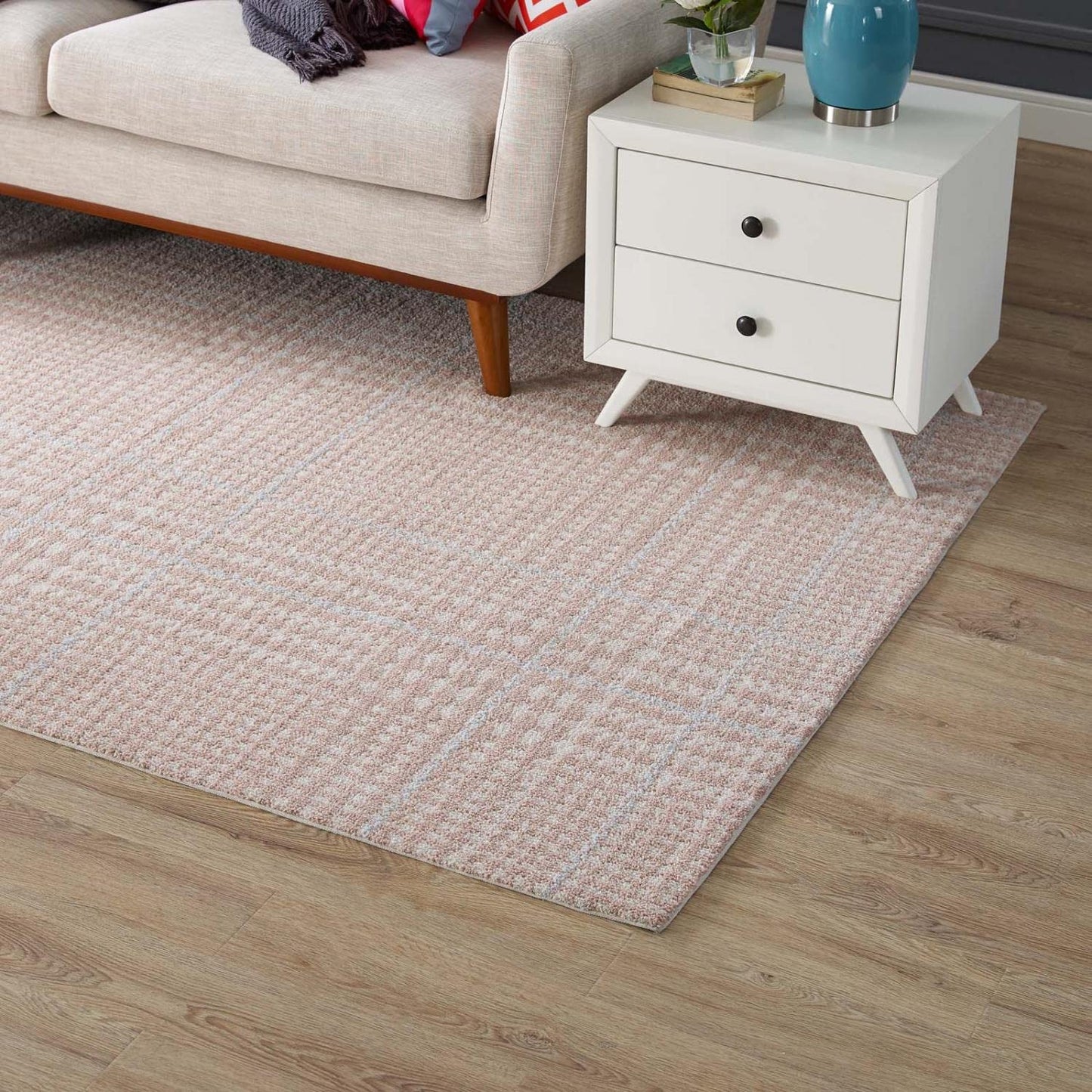 area rugs | CasaFoyer Kaja Criss-Cross Modern Abstract Area Rug | Plush Polyester Microfiber | Stain-Resistant | Non-Shedding | Easy to Clean | 5x8 Ivory, Cameo Rose, Light Blue | casafoyer.myshopify.com