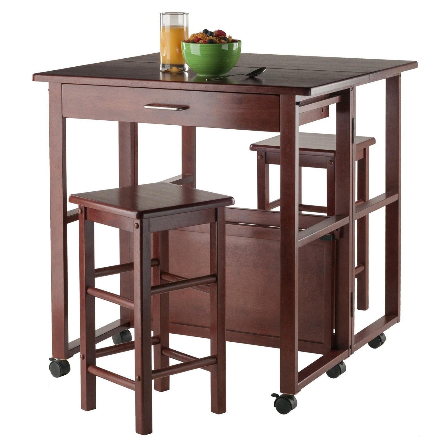 Tray Table | CasaFoyer Fremont 3-Piece Space Saver Set | Drop Leaf Table, 2 Stools | Walnut Finish | Compact & Functional | Solid Wood | Easy Assembly | 31.7H x 30.6W x 31.5D | casafoyer.myshopify.com