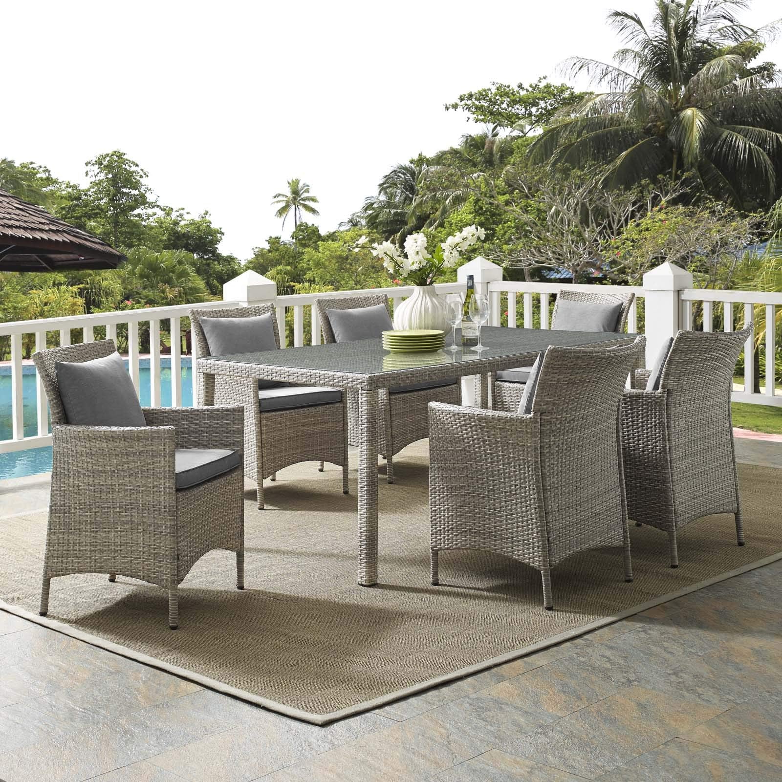 kitchen and dining room sets | CasaFoyer Conduit 7 Piece Outdoor Patio Dining Set | Transitional Style | Contemporary Design | Aluminum Frame | UV-Resistant Wicker Rattan | Foam Padded Cushions | Waterproof Covers | Tempered Glass Tabletop | casafoyer.myshopify.com