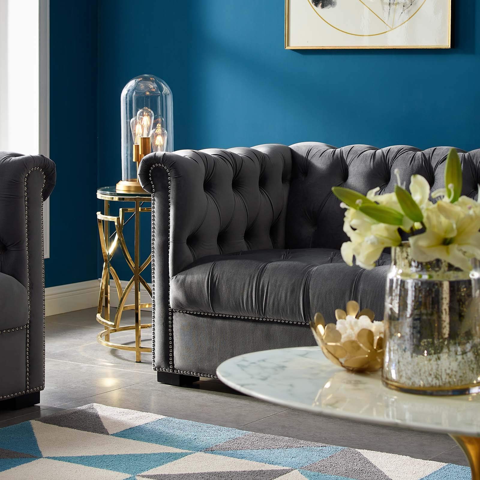 sofas | CasaFoyer Heritage Performance Velvet Sofa | Modern Chesterfield Design | Rolled Armrests | Button Tufting | Nailhead Trim | Stain-Resistant Upholstery | Black Birch Wood Legs | Plush Foam Padding | 1322 lbs Capacity | casafoyer.myshopify.com