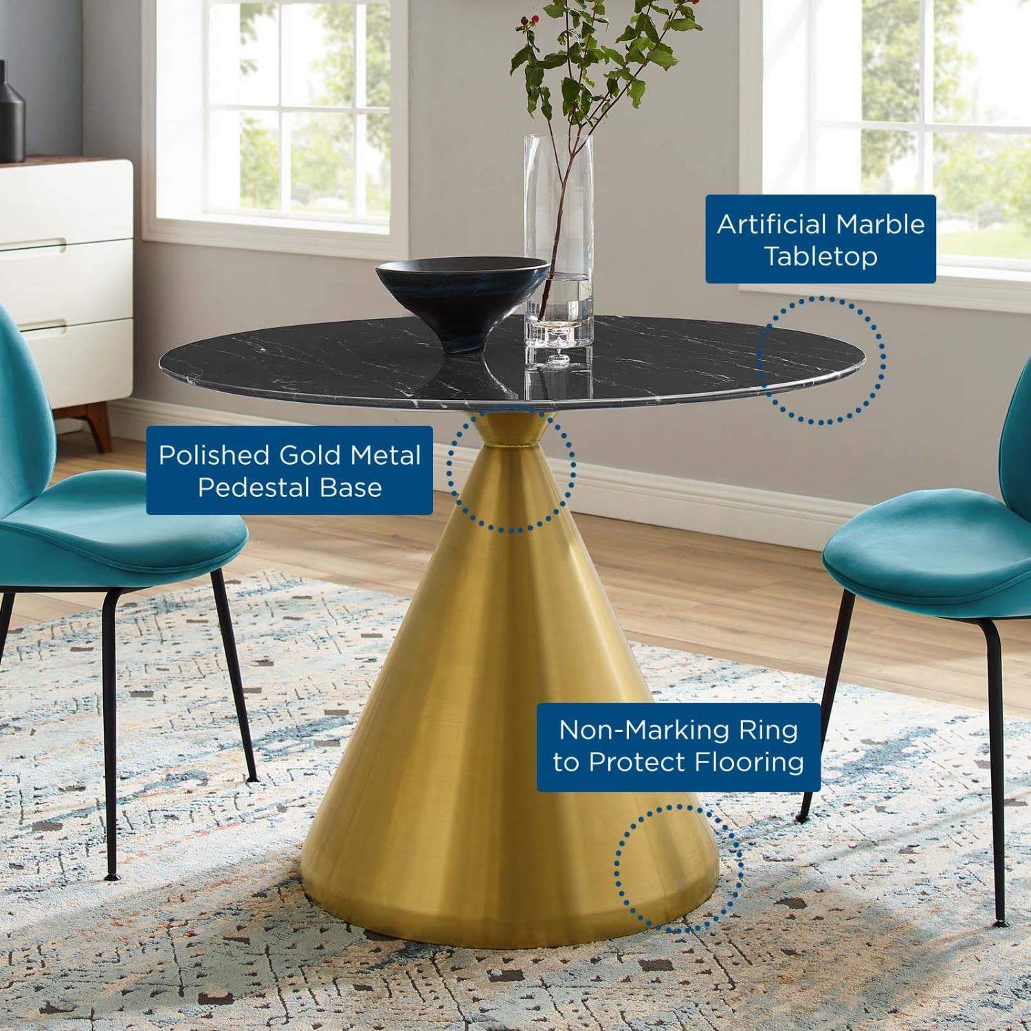 patio dining tables | CasaFoyer Tupelo 40 Dining Table | Modern Style | Mid-Century Charm | Polished Gold Metal Base | Easy to Clean Artificial Marble Top | Non-Marking Ring | Assembly Required | casafoyer.myshopify.com