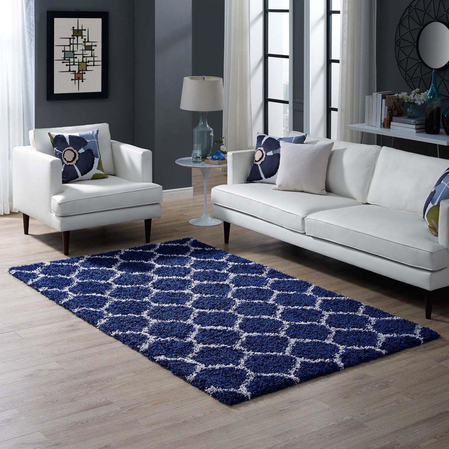 Carpet & Rugs | CasaFoyer Solvea Moroccan Trellis Shag Area Rug | Navy/Ivory | 5x8 ft | Durable, Non-Shedding | High Density, Jute Bottom | Ideal for Living Room, Bedroom, Family Room | Elegant & Cozy | Safeguards Floors | casafoyer.myshopify.com