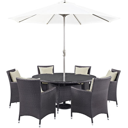 kitchen and dining room sets | CasaFoyer Convene Outdoor Sectional Series | 8 Piece Patio Dining Set with Umbrella | Espresso Beige | casafoyer.myshopify.com
